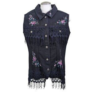 Vintage Watch LA Denim Vest Large Black Painted Floral Crochet Lace Trim Sparkle